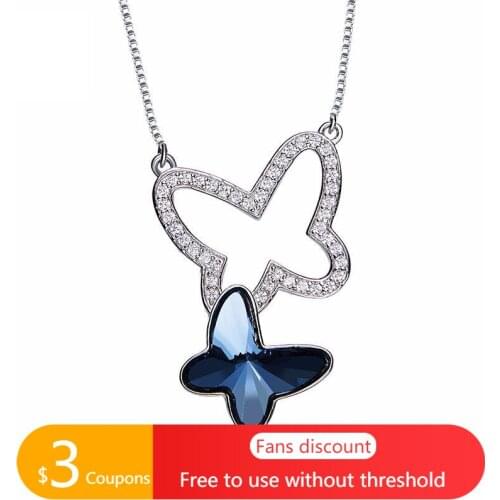 AGATA Silver 925 Butterfly Necklace Blue Dazzling Crystal 925 Sterling Silver Pendant Necklace for Women Original Jewelry