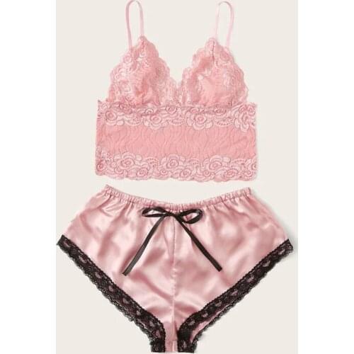 Two Piece Pajama Set Sexy Lace Top And Shorts Pyjamas Spaghetti Strap Sleepwear Summer Pijama Nightie Home Clothes