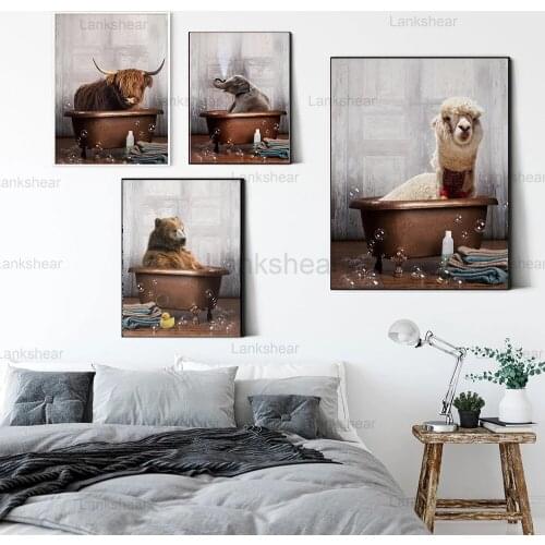 Animal In Bathtub Poster Print Highland Cow Bear Alpaca Elephant Canvas Painting Nursery Wall Art Nordic Pictures Kid Room Decor