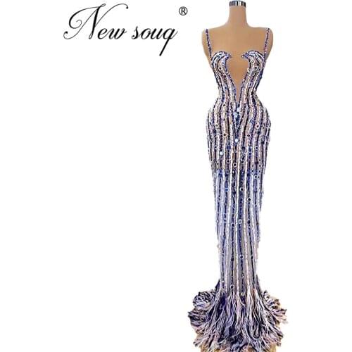 See Through Party Dress Feathers Beaded Formal Evening Gowns 2020 Abendkleider Couture Dubai Night Prom Dresses Kaftans Vestidos