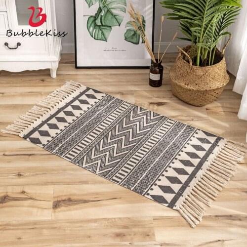 Bubble Kiss Bohemian Ethnic Style Home Area Carpet Hand-Woven Tassel Design Rug Bedside Long Feet Mat Cotton Linen Soft Doormat