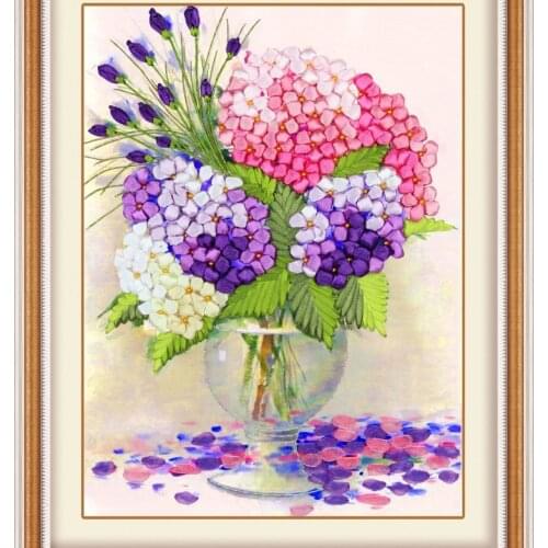 Needlework,Chinese DIY Ribbon Cross stitch Set for ribbon Embroidery kit, favor vase flower Cross-Stitch painting wall decor