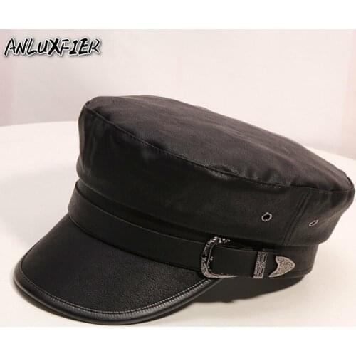 H747 Women Flat Top Black Military Hat Female Autumn Winter British Retro Artificial Leather Navy Cap Girl Fashion Casual Hats