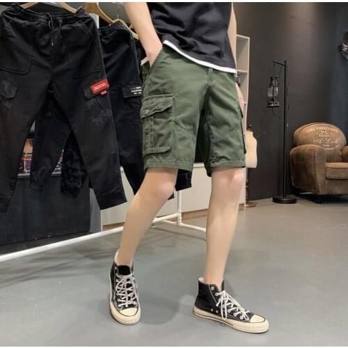 2020 Summer New Mens Safari Cargo Knee Length Casual Shorts Pockets Loose Fit Straight Shorts Korean Streetwear Fashion Shorts