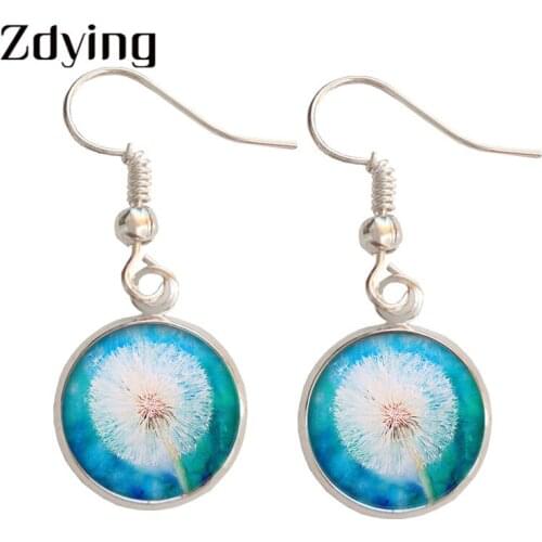 Zdying Glass Cabochon Dandelion Pendant Drop Earrings Charms White Flowers Dangle Earrings For Women Jewelry Brinco SN005