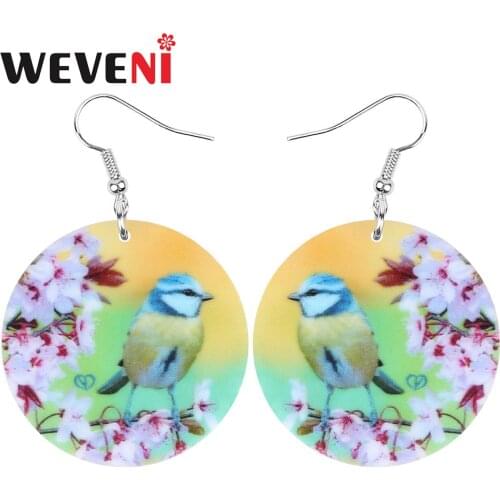 WEVENI Acrylic Round Parus Tit Earrings Aesthetic Big Flower Bird Animal Dangle Drop Jewelry For Women Girl Fashion Wedding Gift