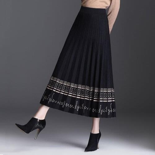Women Bottoms Autumn Winter Knit Skirt Womens High Waist Casual Pleated Skirts Women Print Long Skirts Jupe Femme Saia X22