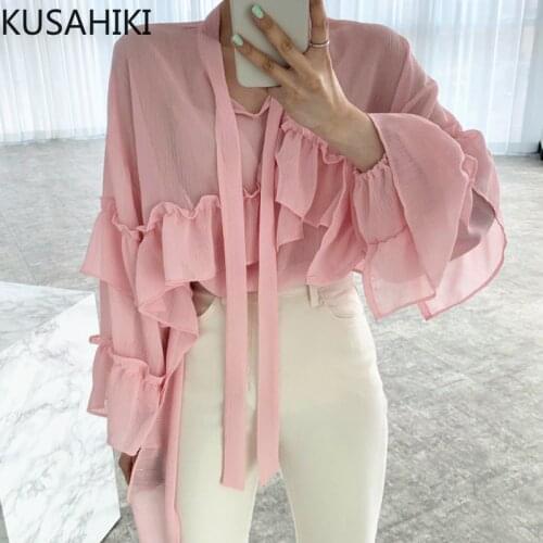 KUSAHIKI Ruffle Patchwork Causal Korean Women Blouse Chic Ribbon Long Sleeve Shirts 2021 New Fashion Blusones De Mujer 6L342