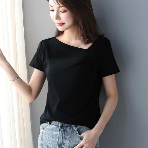 Women Soft Cotton T-shirt Skew Collar Solid color Lady Tees Short Sleeve Summer Womens clothings All match Female T-shirts