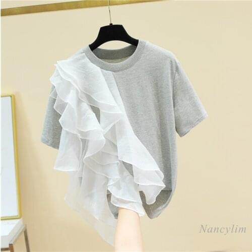 Mesh Stitching Ruffled Cotton t shirt woman Loose Short Sleeve T-shirts 2021 Summer New Design fashion female tops