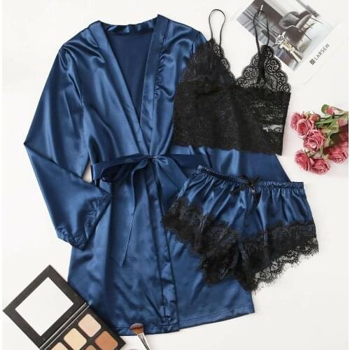 Women Pajamas Sets Sexy Satin Silk Lace Lounge Pijama Long Sleeve Ladies Nightwear Bathrobe Night Dress #T2G