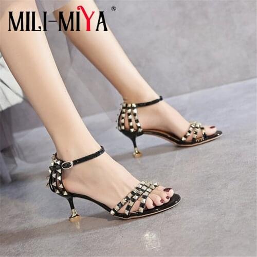 MILI-MIYA Fashion Rivet Women Patent Leather Sandals Buckle Strap Ankle Wrap Cover Heels Round Toe Dress Party Summer Shoes