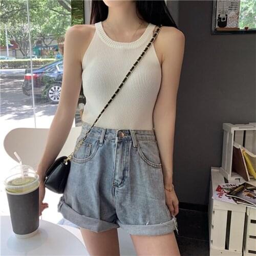 Halter Crop Tops Black Knitted Off Shoulder Summer Tops Female O-Neck Sleeveless Elastic Solid Cropped Tops Sexy Streetwear