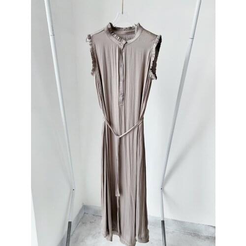 Women Sleeveless Maxi Dress 2021 Summer Frill Trim Solid Color Buttons Ankle-Length Robes with Sashes