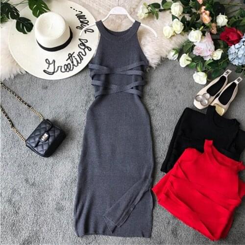 New 2020 Solid Knitting Stretch Bodycon Dress Halter Sleeveless Summer Dresses Korean High Waist Robe Femme Vestidos