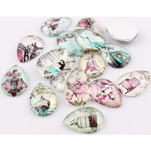 16pcs/lot 18x25mm Handmade Mulity Fashion Cheongsam Flower Glass Cabochon Domed Water drop Jewelry Accessories for jewelry