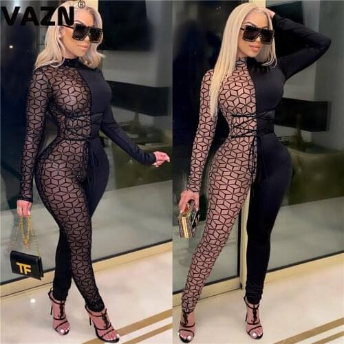 VAZN 2021 Hot Patchwork Young Sexy Club See Through Cross Bandage Full Sleeve High Waist Women Skinny Long Pencil Jumpsuits