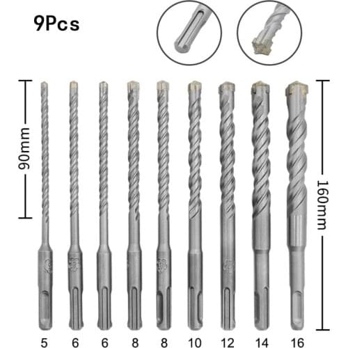 9Pcs 160mm Electric Hammer Drill Bits 5/6/8/10/12/14/16mm Cross Type Tungsten Steel Alloy SDS Plus for Masonry Concrete Rock