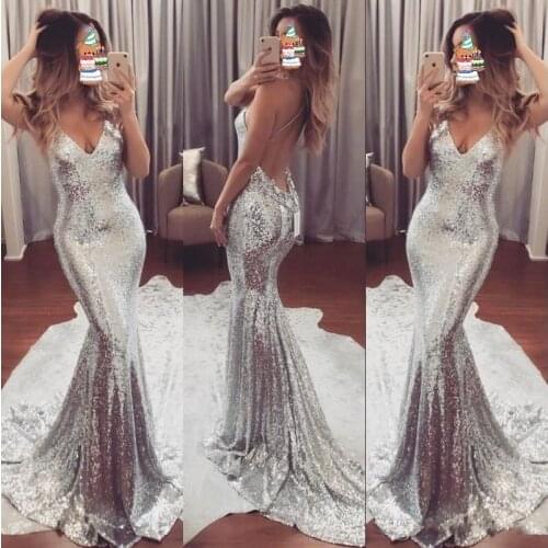 Bling Evening Dress Sequins abendkleider vestidos de festa Sexy Long Evening Gown avondjurken gala jurken Evening Dresses Silver