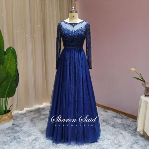 Elegant Navy Blue Long Sleeve Evening Dress Muslim Plus Size Women Wedding Party Gowns Emerald Green Dubai Arabic Formal Desses