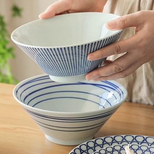 Ceramic Japanese Ramen Noodle Soup Bowl Stripe Deep Bowls 7.5 Inch Porcelain Bowls Kitchen Dinner Serving Bowls