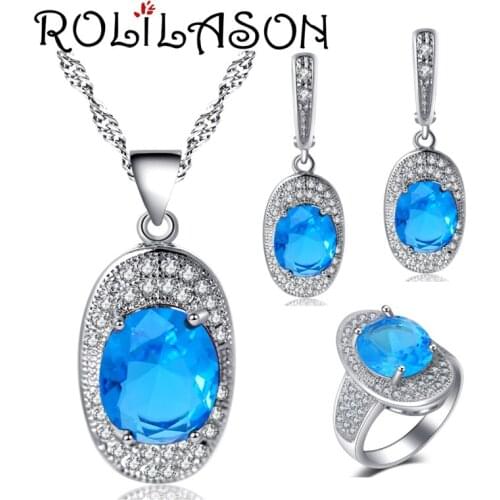 ROLILASON Blue zircon Fashion Silver stamp AAA Earrings Necklace pendant rings jewelry Sets USA size #6#7#8#9#10 JS710