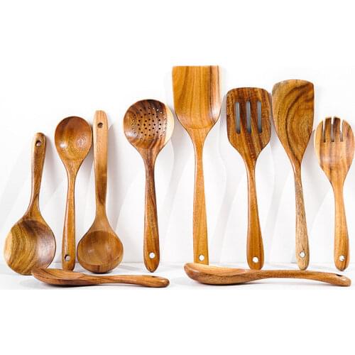 Thailand Teak Natural Wood Tableware Spoon Ladle Turner Long Rice Colander Soup Skimmer Cooking Spoons Scoop Kitchen Tool Set