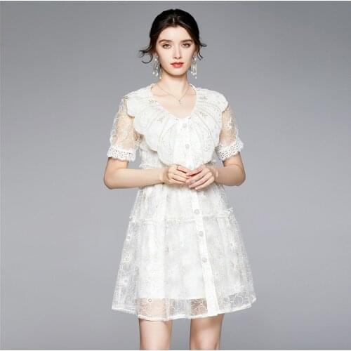 New Womens Summer Party Dress French College Style Lotus Leaf Collar Solid Embroidered Lace Short Dress New Female Dresses