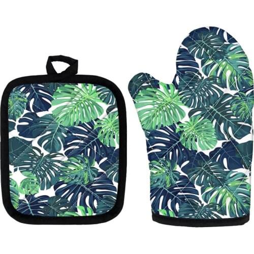Fashion Nordic Style Tropical Plam Leaves Print Kitchen Cooking Microwave Gloves Anti-Hot Glove Baking BBQ Potholders Oven Mitts