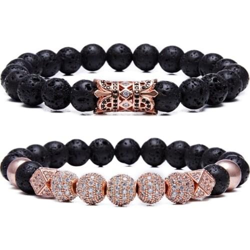 QIMOSHI 2PCS 8mm Crown King Charm Beads Bracelet for Men Women Natural Black Matte Onyx Stone Beads