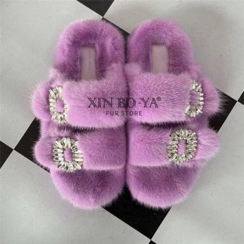Mink Luxury Fur Rhinestone Slippers For Women Sexy Designer Wedeg Heel Solid Fluffy Outdoor Shoes Plus Size Ladies fur slippers