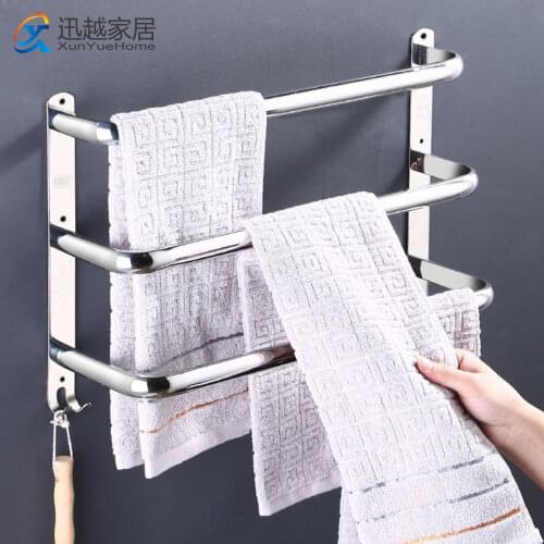 Bathroom Holder Silver 304 Polished Stainless Steel Towel Bar 1-3 Layer Punch-Free Rack Wall-Mounted 38-58 CM Hook Hanger