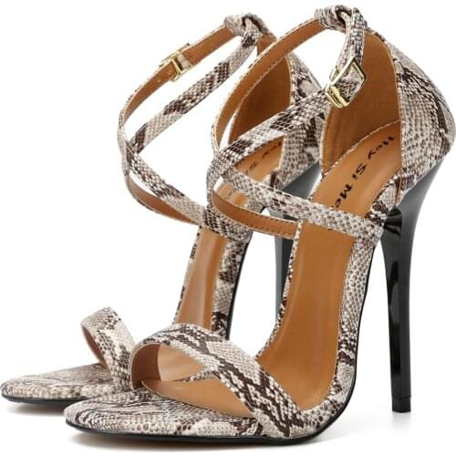 Unisex Men Women Snake Pattern Sexy Open Toe Cross Ankle Strap Stiletto Heel Sandals Black Sandals Size 43 44 45 48 12 13 15 16