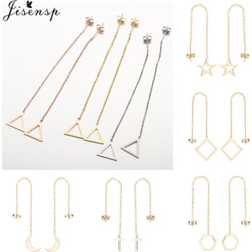 Jisensp Pendientes Stainless Steel Circle Long Earrings for Women Geometric Triangle Moon Cross Earings Line Chain Ear Jewelry