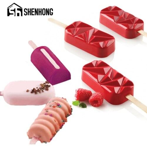 SHENHONG Summer Dessert Tools Silicone Ice Cream Moulds Diamond Heart-Shaped Popsicle Molds Matching Set 50pcs Sticks Cube Tray
