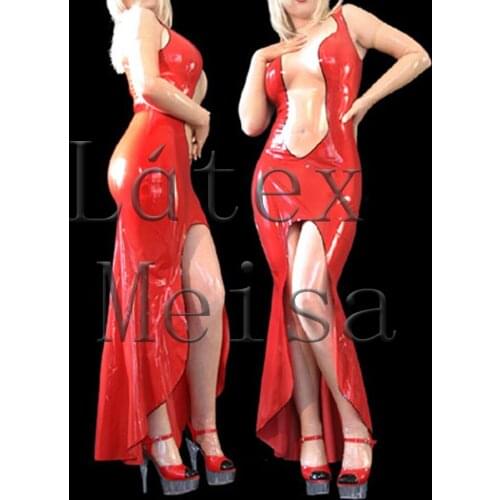 Bling red color womens sexy evening latex long dress trumpet design with 100% handmade