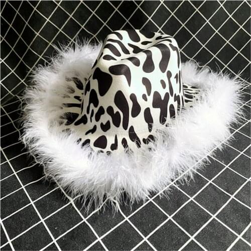 Women Feather decoratio Cow Fedora Hats Pattern Cowboy Hat With Rolled Brim Western Jazz Felt Hat Women Vintage Panama Wholesale