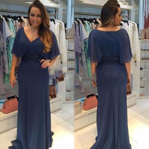 Blue Mother Of The Bride Dresses A-line V-neck Chiffon Appliques Beaded Plus Size Groom Mother Dresses For Weddings