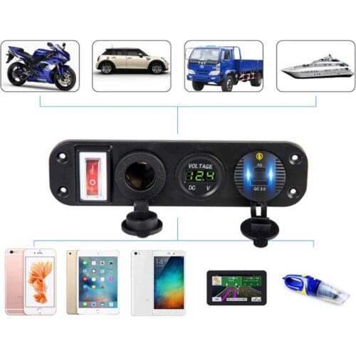 Waterproof 12V 24V Car QC3.0 USB Type C PD Fast Charger Power Socket Panel with LED Voltmeter Switch for Car Boat Marine