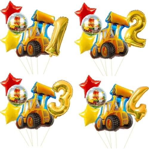 5pcs/set Excavator Foil Balloons Construction Car Double-sided Round Balloon Kids Gifts Birthday Party Decorations DIY Supplies