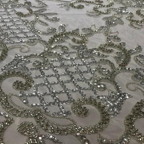 2021 High-End Luxury Swiss African Handmade Heavy Beaded Embroidery Lace Fabric Silver Tulle Mesh for Sewing Wedding Party Dress