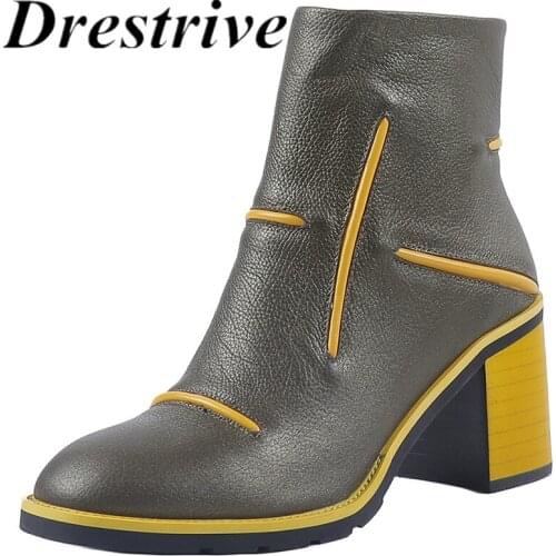 Drestrive 2020 New Arrival Winter Shoes Woman Cow Leather Round Toe Thick Heels Zipper Black Women Ankle Boots Mixed Colors