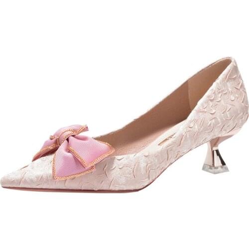 Womens Pumps 2021 Plus Size 42 43 Pointed-toe 5cm Womans Office High Heels Butterfly-knot Ladies Dress Shoes Sexy Party Heels