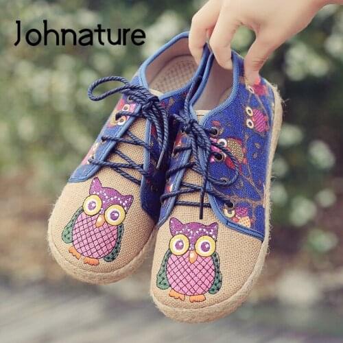 Johnature Lace-up Flats Women Shoes Animal Prints 2020 New Spring/autumn Shallow Casual Round Toe National Style Ladies Shoes