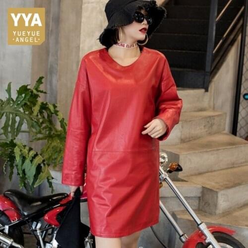 Loose Casual Genuine Leather Dresses Women Black Red 2020 Spring Ladies Long Sleeve O-Neck Solid Sheepskin Sexy Leather Dress