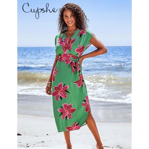 CUPSHE Green Floral V-neck Maxi Dress For Woman Elegant Short Sleeve Summer Dress with Belt 2021 New Beach Sundress Vestidos