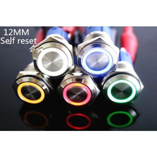 1pcs 12mm Waterproof Flat Round Stainless Steel Metal Push Button Switch Colorful LED Light Shine Car Self reset