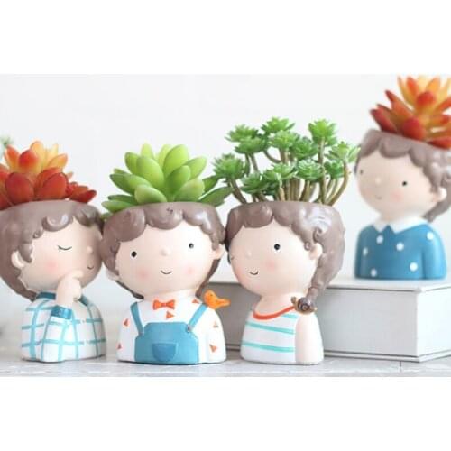 Cartoon Girl Boy Flower Pot Succulent Planter Pot Mini Bonsai Cactus Flower Pot Office Desktop Flower Arrangement Vase Container