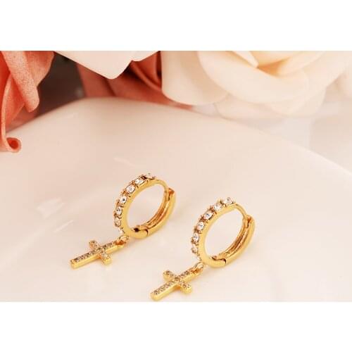 Cz diamond crystal 24k Gold Filled Womens Drop Earring Dangle Earring Charms Jewelry Cross Earrings brincos Vintage girls