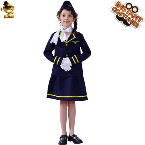 DSPLAY Christmas Hot Sale Girls Flight Attendant Clothing Carnival Party Cosplay Kids Blue Air Hostess Suit For Purim Clothing
